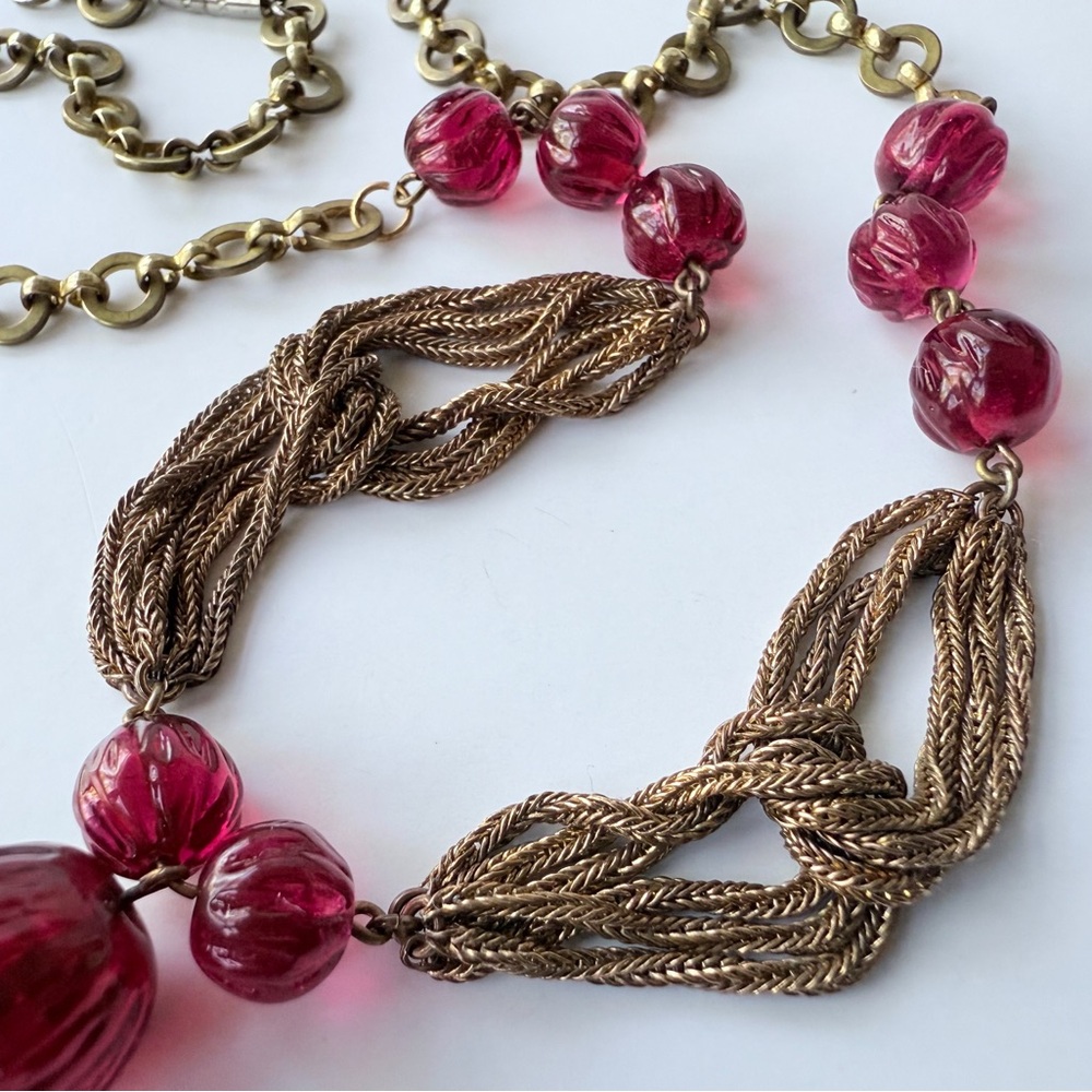 Vintage Louis Rousselet French Couture Red Glass Melon Bead Drop Chain Necklace - Picture 5 of 16